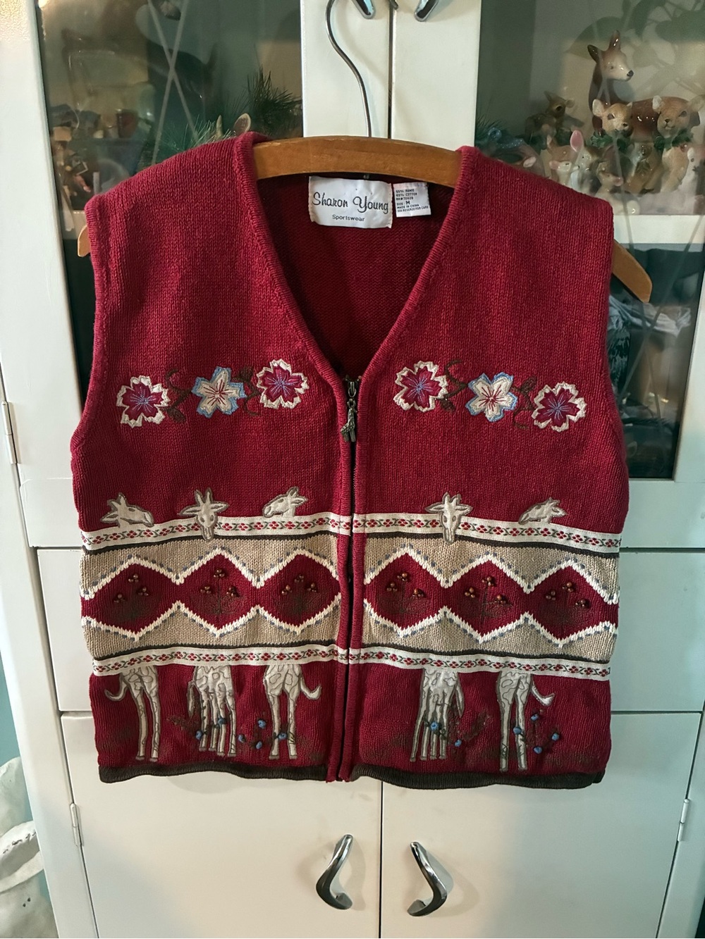 Sharon Young Vintage sz M Beaded Embroidered Zip-Front Giraffe Sweater Vest euc